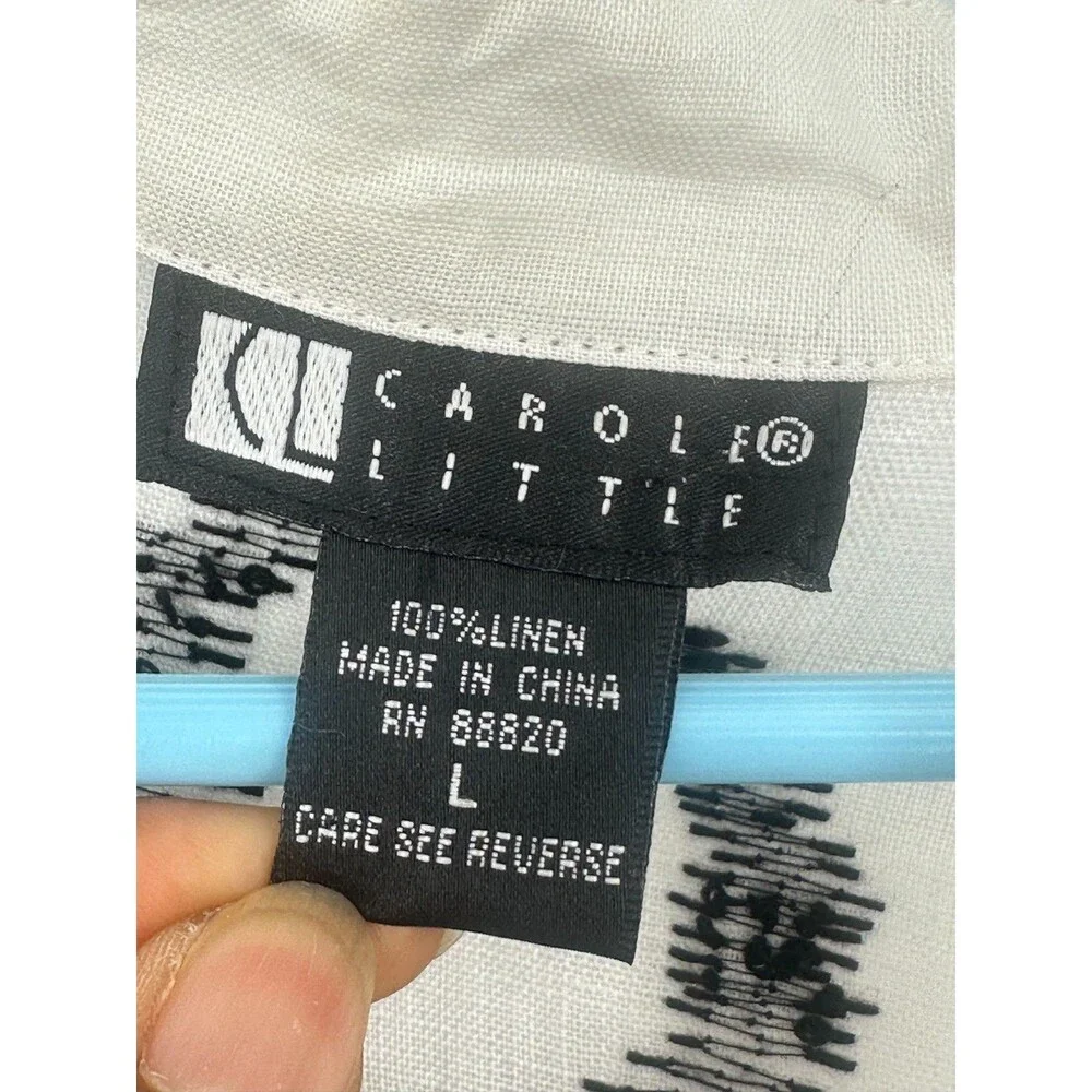 Carole Little Women's White Linen Blouse Black Abstract Circle Scribble Top Sz L